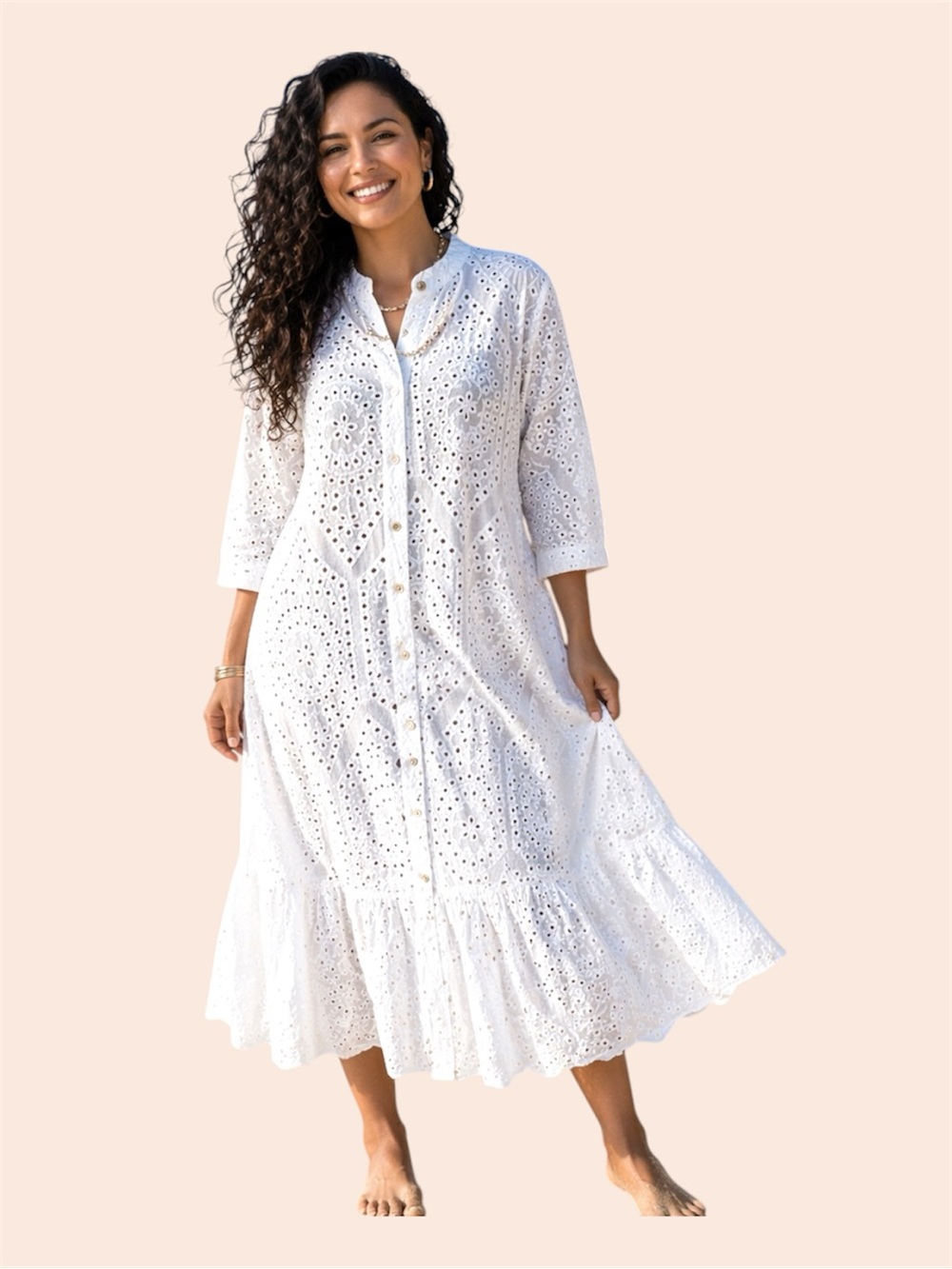 Milio Milano Women's boho 100% cotton Eyelet 3/4 sleeve midi Dress Size S NWOT